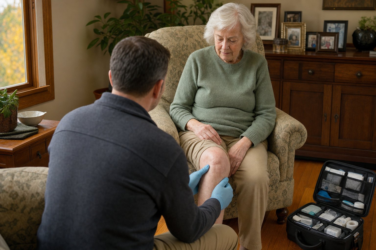 A woman in her late seventies sits in her own armchair at home while a male clinician kneels beside her, examining her knee, with a portable medical case open on the floor.