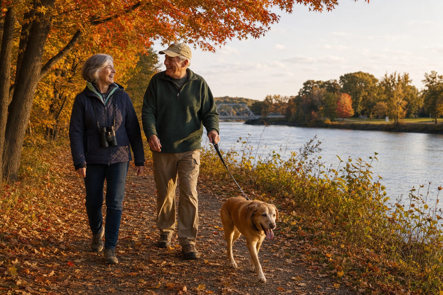 A couple in their late sixties walking a leaf-strewn riverside trail with their dog on a bright autumn afternoon in northeast Wisconsin.