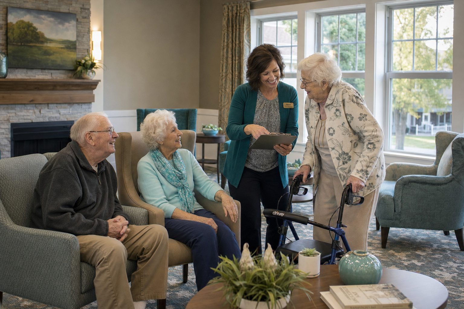 Residents of a senior living community sit talking in a bright common room while a staff member in a cardigan reviews notes on a clipboard with a resident using a walker.