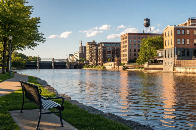 Brick mill buildings and a riverside walking trail along the Fox River in Appleton, Wisconsin.