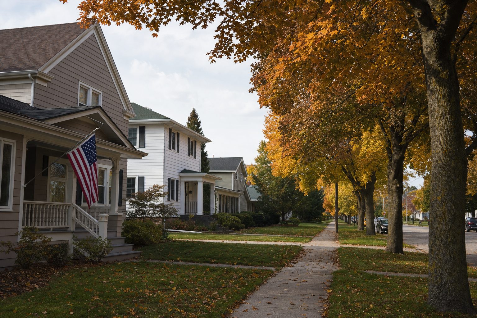 A quiet Green Bay residential street in October, with porch-fronted homes, an American flag and maples in full orange colour arching over the sidewalk.