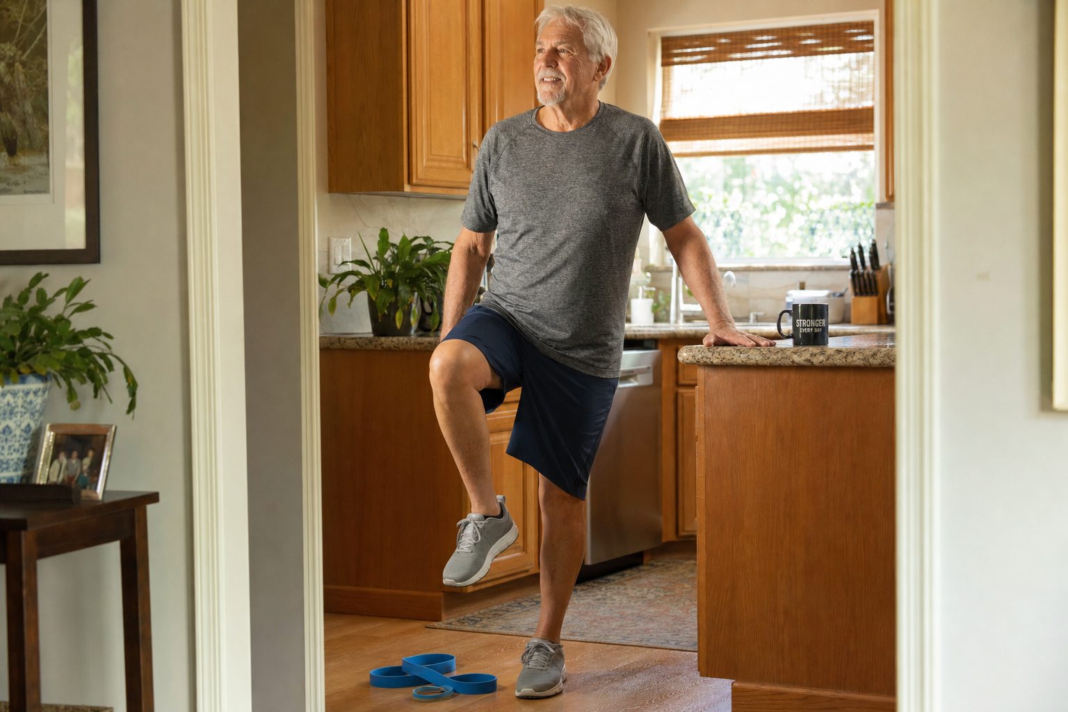 A man in his late sixties performs a standing knee exercise in his kitchen doorway, steadying himself on the counter, with a resistance band on the floor.
