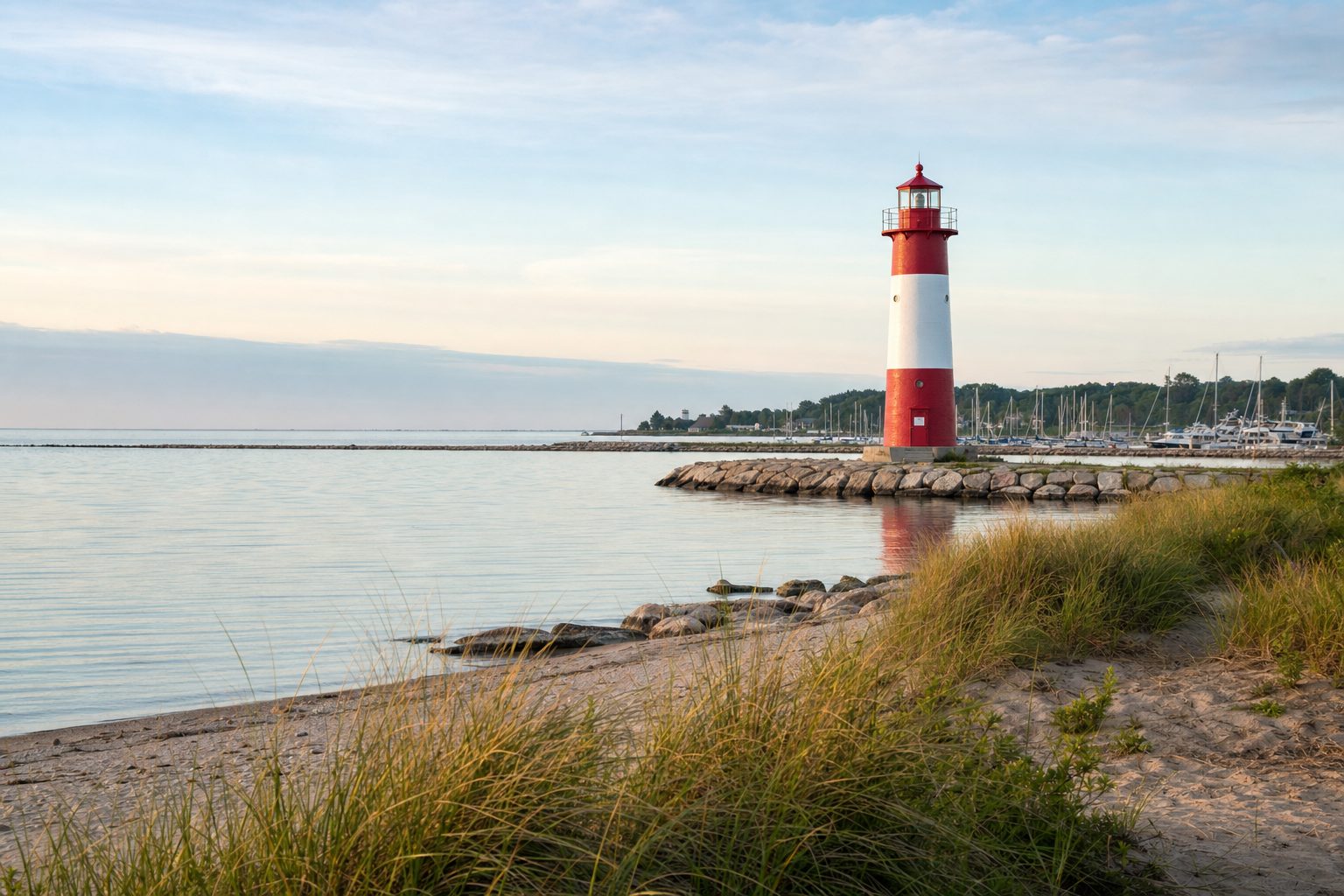 A red and white lighthouse at the end of a Lake Michigan breakwater near Manitowoc, with calm water, beach grass and a marina in the distance.
