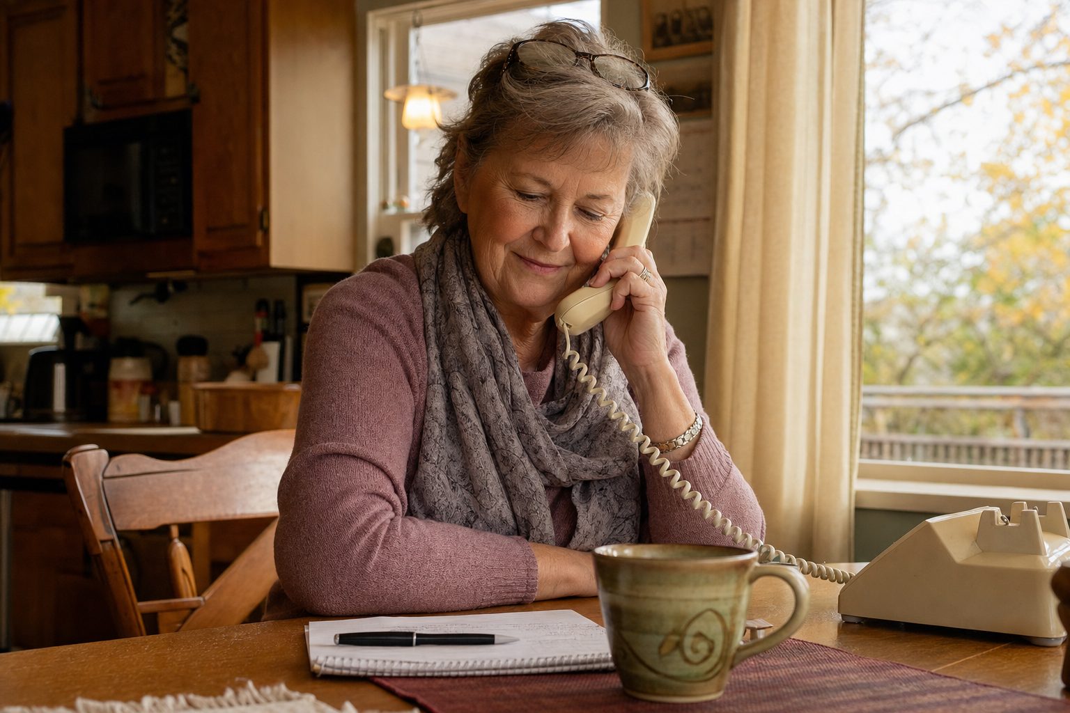 An older woman at her kitchen table writing on a notepad while speaking on a landline telephone in warm daylight.