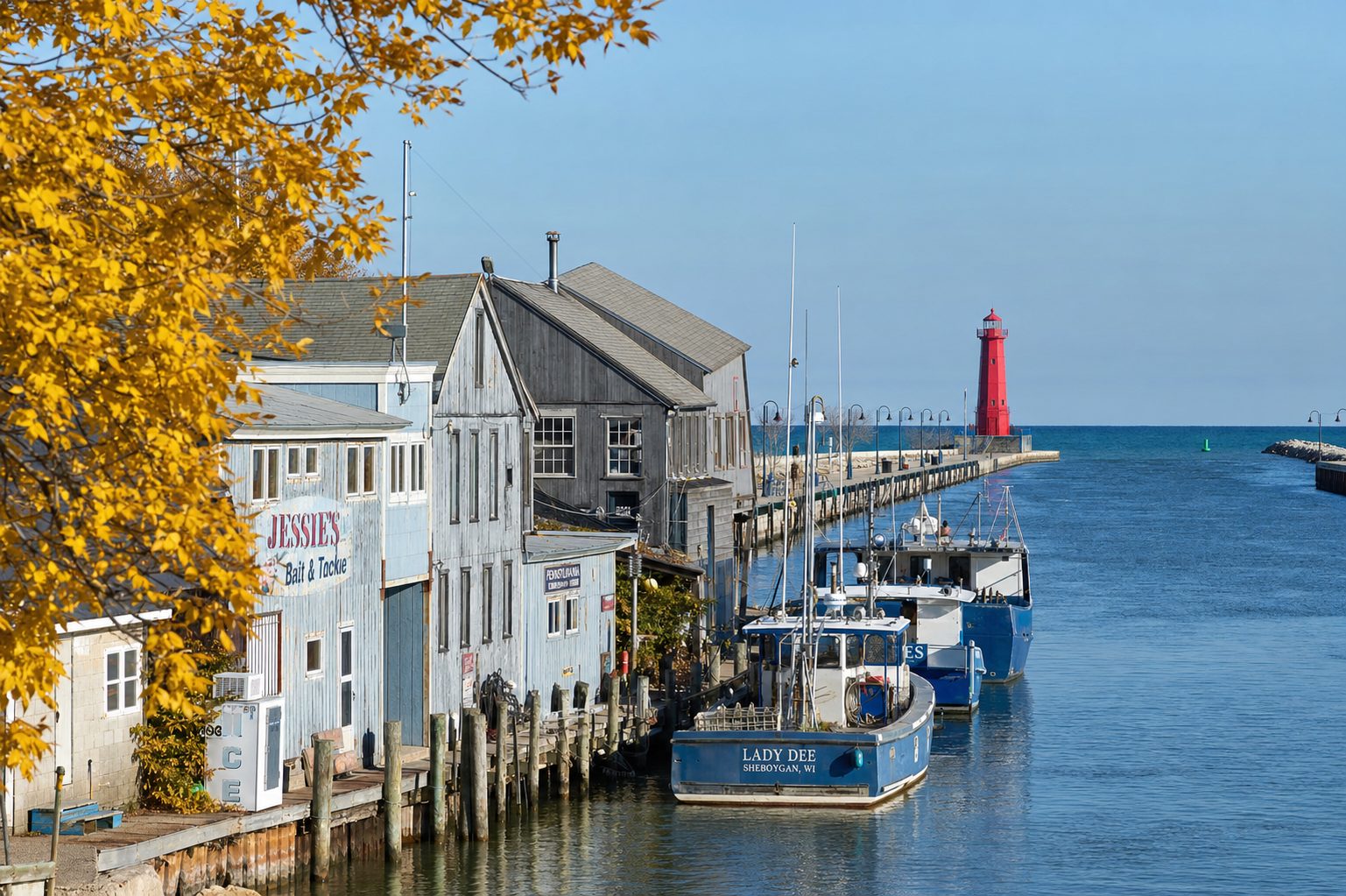 Weathered wooden fishing shanties and moored boats along the Sheboygan riverfront, with a red lighthouse at the end of the pier and Lake Michigan beyond.