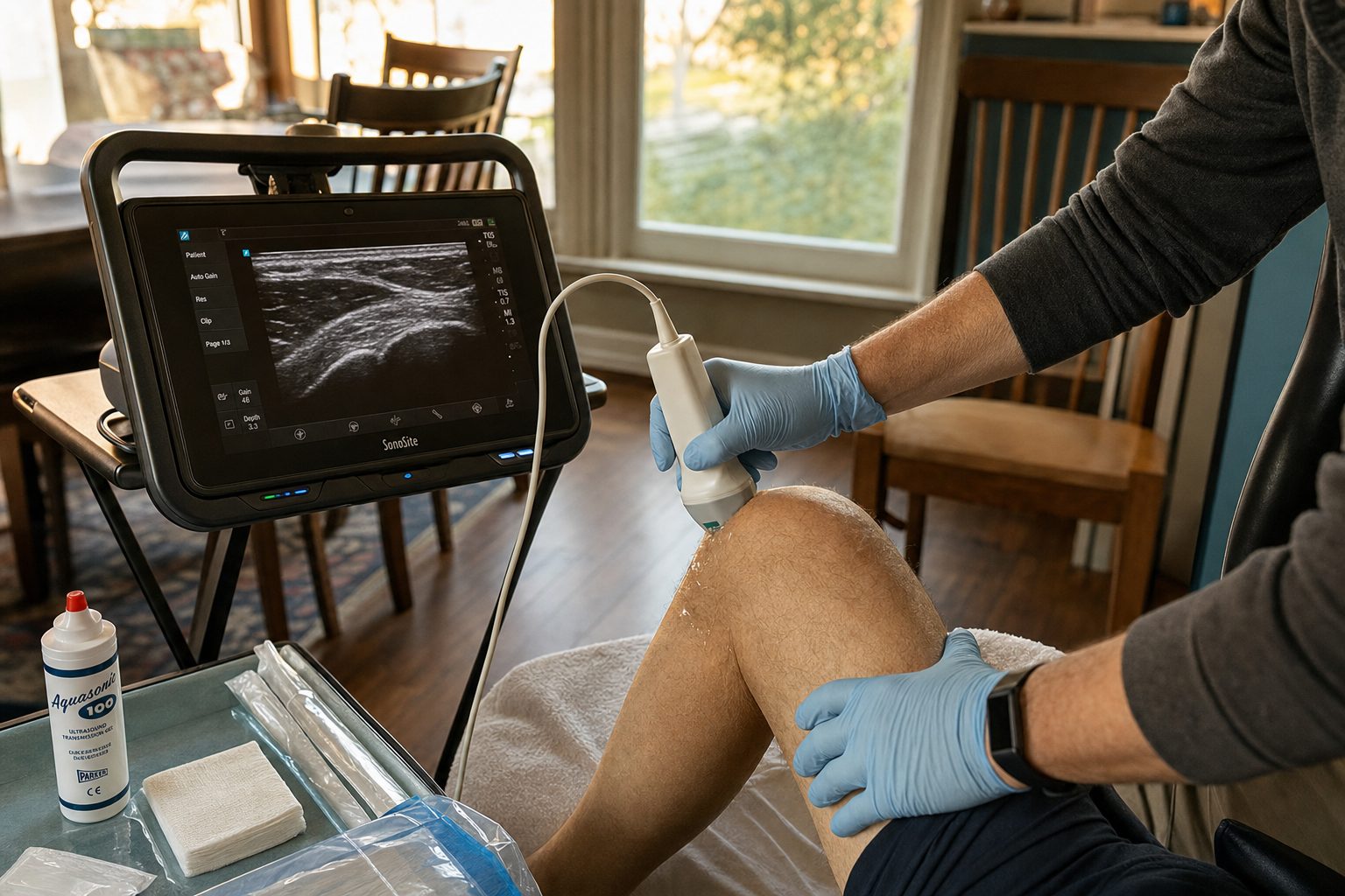 A clinician's gloved hands hold an ultrasound probe against a patient's knee at a dining table while the portable ultrasound screen displays the joint.