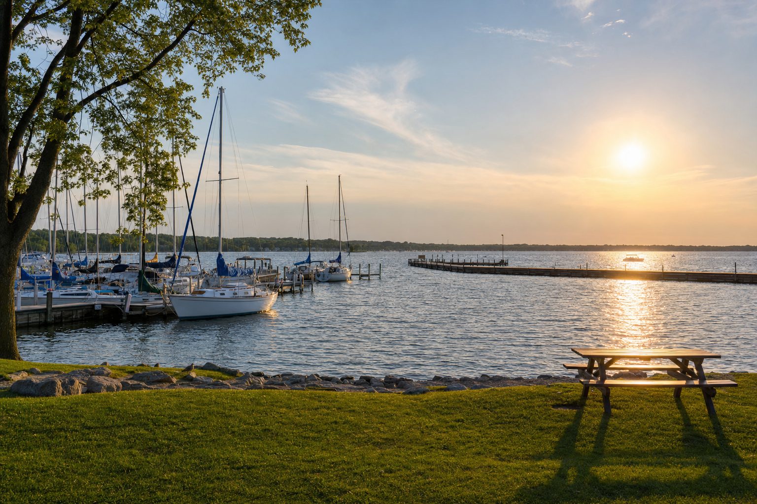 Sailboats moored in an Oshkosh marina on Lake Winnebago at sunset, with a long fishing pier and a lakeside picnic table.